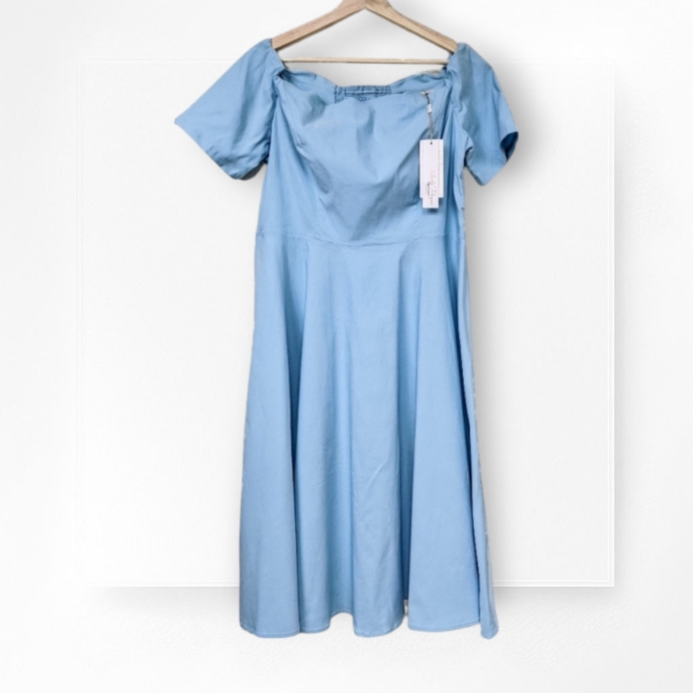 Belle Poque Dress 1950s Vintage-Style Off Shoulder Flared A-Line Light Blue XL